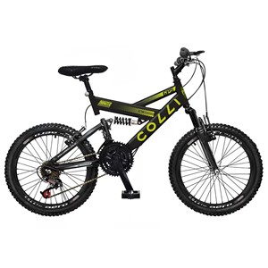 BICICLETA COLLI GPS ARO 20 DUPLA SUSPENSÃO 21 MARCHAS PRETO FOSCO/AMARELO NEON